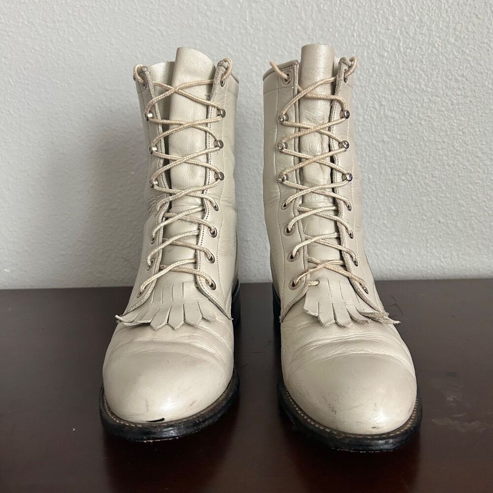Justin L519 Vintage Kiltie Lace Up Roper Boots Womens Size 7 B Off White Leather